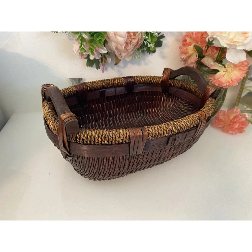 Vintage Chinese Woven Willow Basket With Wood Handles 12